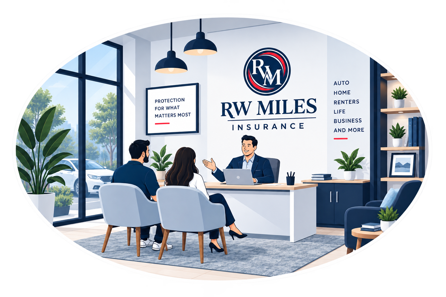 RW Miles Insurance agent consulting with clients in the office
